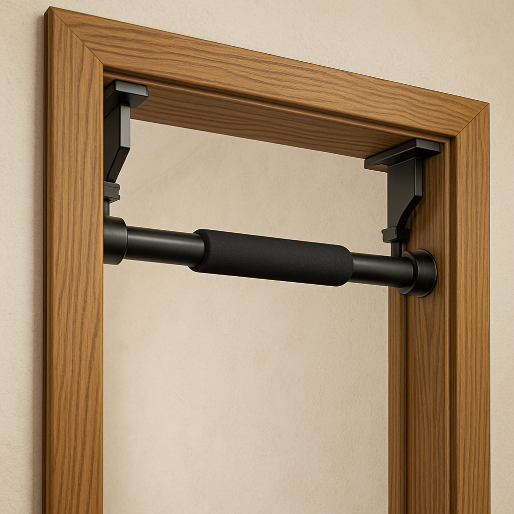 A realistic illustration of a sturdy wooden doorframe with a screw‑free pull‑up bar being installed, showing the tension brackets pressing against the top and side rails. Alt: doorframe compatibility assessment for doorway pull up bar without screws