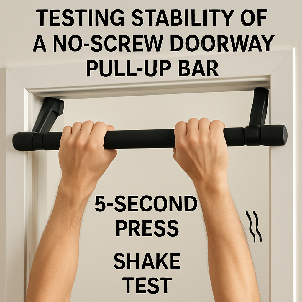 A close‑up of a doorway pull up bar without screws being tested for stability, showing hands gripping the bar, a 5‑second press, and a shake test. Alt: testing stability of a no‑screw doorway pull‑up bar for safe workouts.