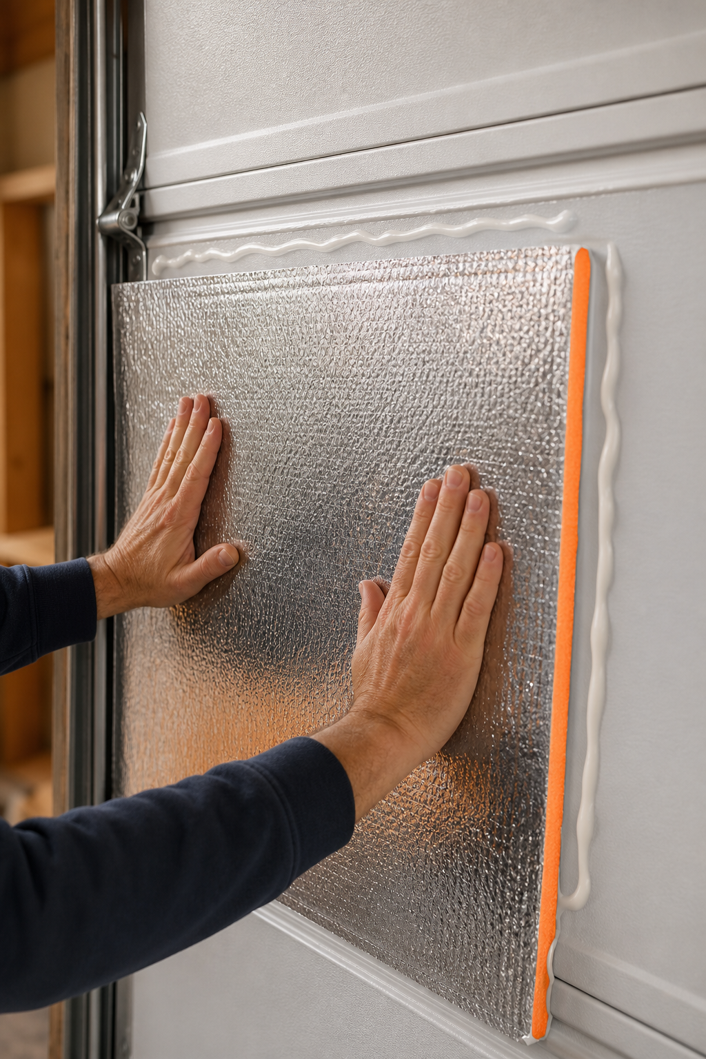 Close-up of hands pressing a reflective foam insulation panel onto the back of a garage door section, with adhesive visible. Alt: Attaching insulation panel to garage door with adhesive.