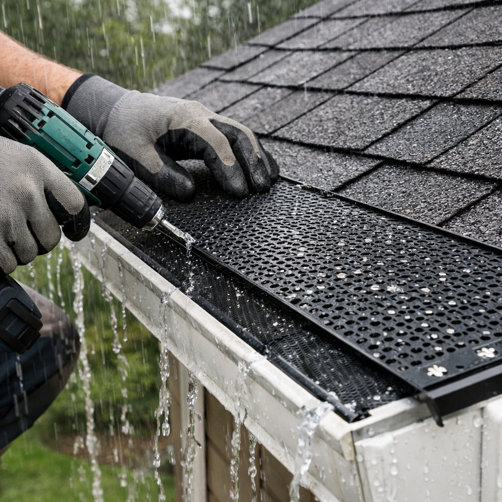 A photorealistic image related to how-to-install-a-gutter-guard-for-heavy-rain. Alt: how-to-install-a-gutter-guard-for-heavy-rain