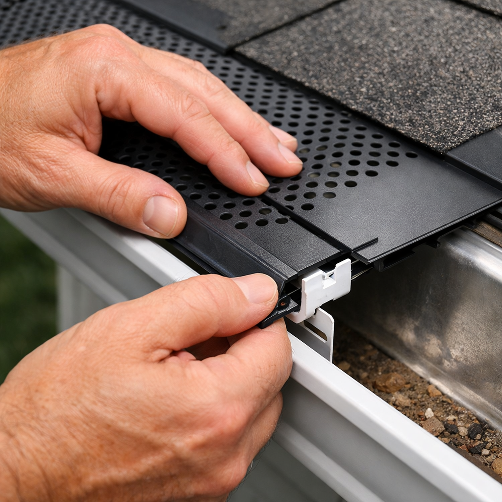 A realistic view of a homeowner clipping gutter guard panels onto brackets, showing close‑up of the click‑fit mechanism and the overlapping edges. Alt: gutter guard panels installation step.