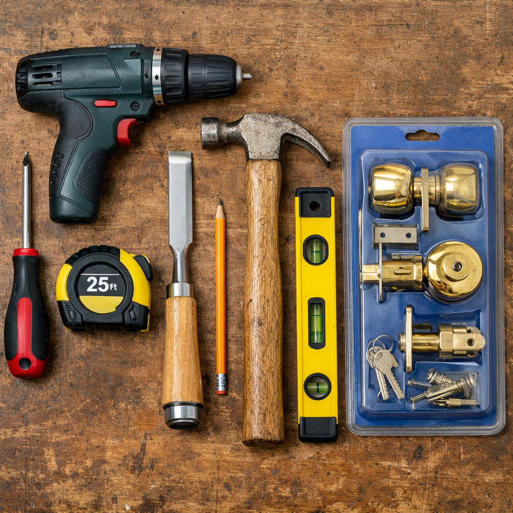 A realistic top-down view of tools laid out on a workbench: a Phillips-head screwdriver, a cordless drill, a tape measure, a chisel, a hammer, a pencil, a level, and a new lock set in its packaging. Alt: Tools needed for how to install a new exterior door lock including screwdriver, drill, tape measure, chisel, hammer, pencil, level, and lock set.