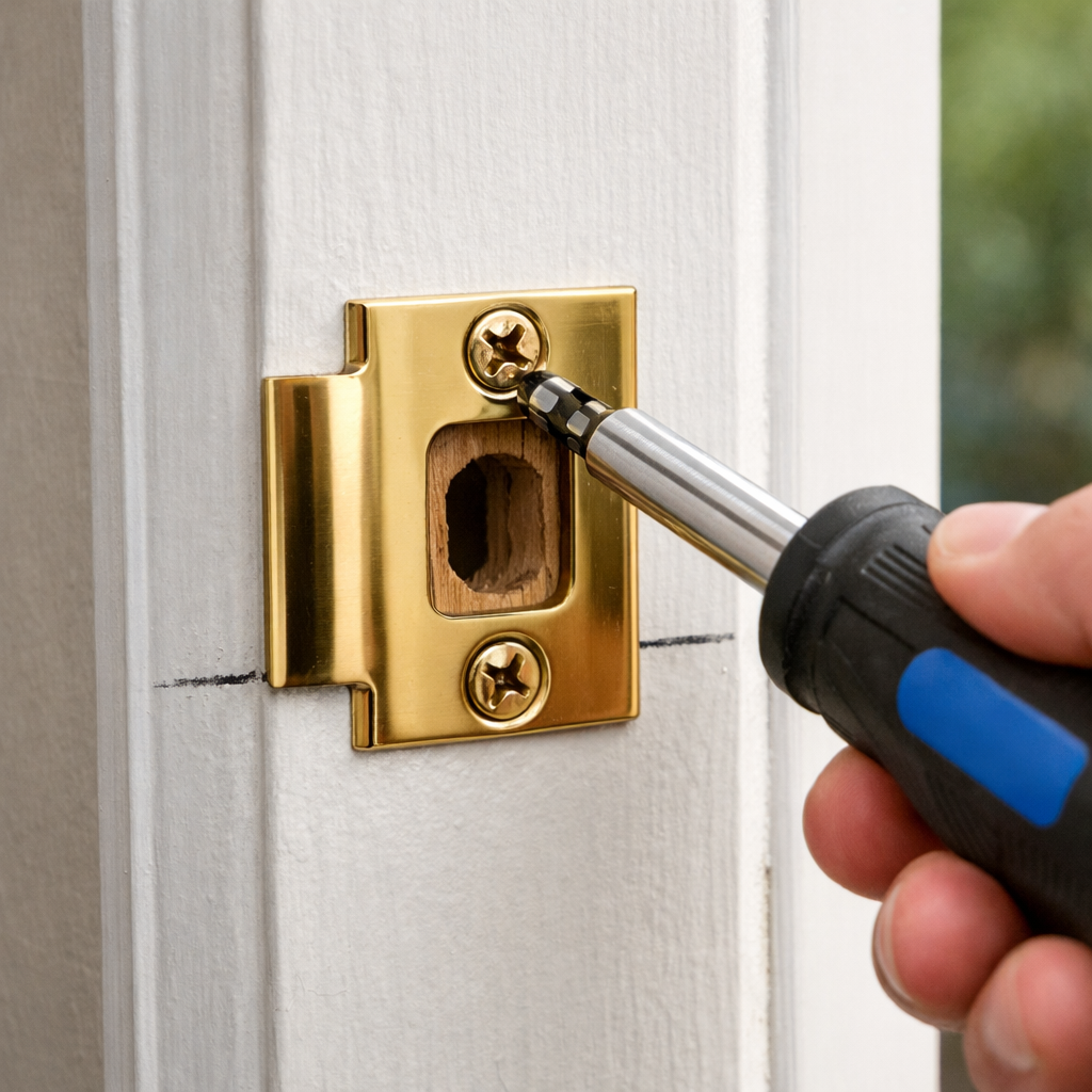 A close-up view of a strike plate being installed on a door jamb with a screwdriver. The plate is centered over the latch hole, and a pencil mark shows the drilling guide. Alt: Aligning and installing the strike plate during how to install a new exterior door lock.