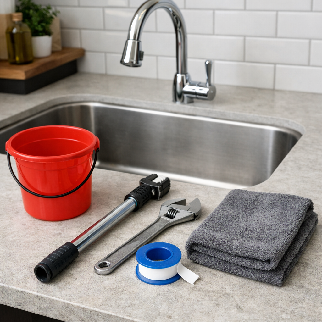 A realistic photo of a kitchen sink with a basin wrench, adjustable wrench, plumber's tape, bucket, and towel neatly arranged on a countertop. Alt: kitchen faucet installation tools laid out.