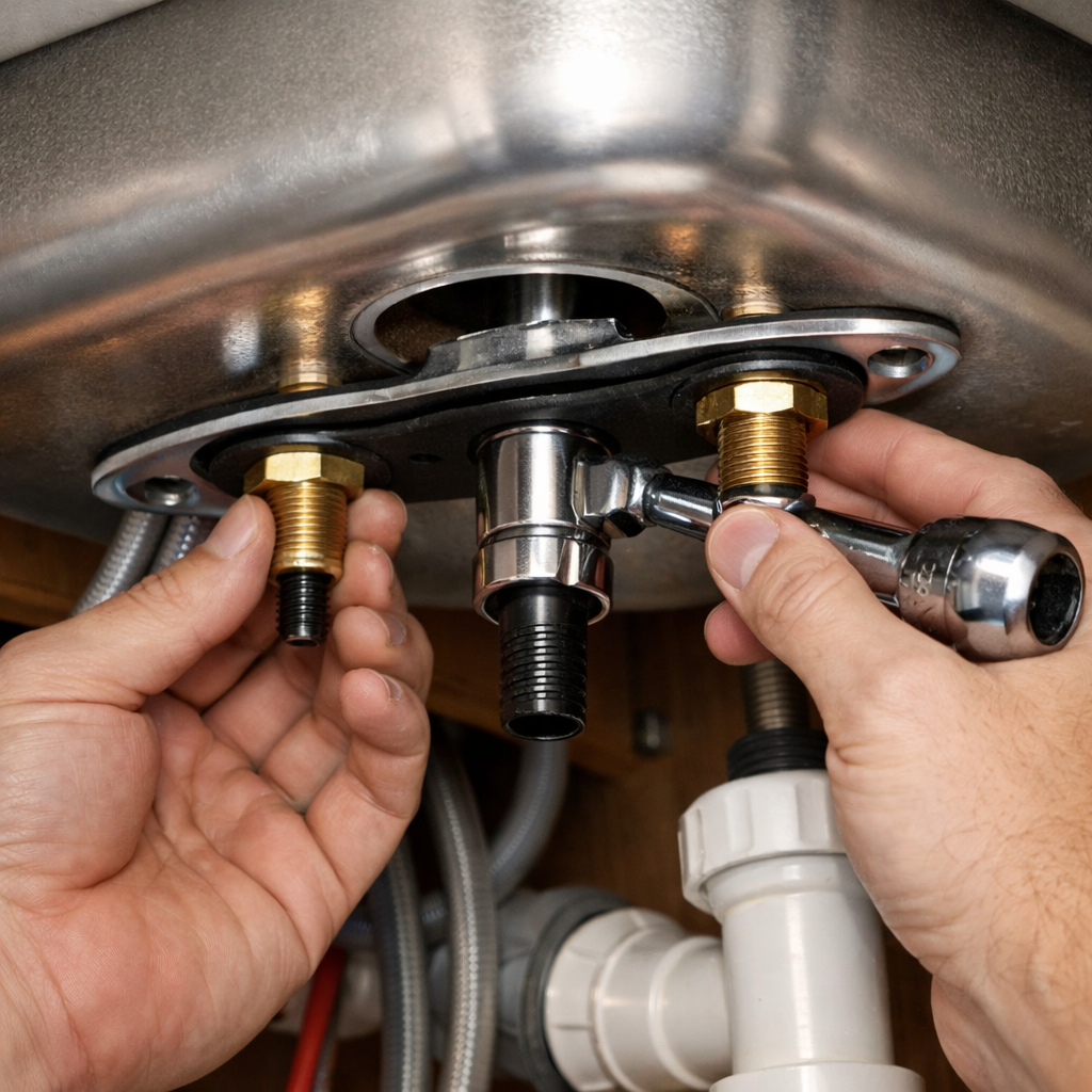 A realistic illustration of a kitchen sink with a faucet mounting plate, gasket, and nuts being tightened from underneath. Alt: installing faucet mounting hardware under a sink.