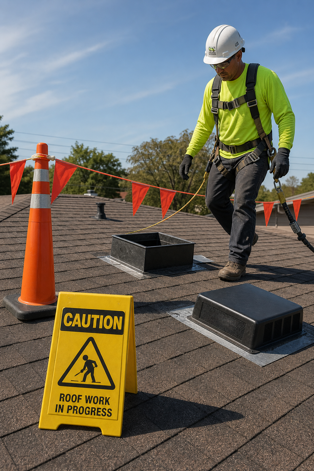 A descriptive prompt for an AI image generator in Realism style, Alt: Safety setup on roof vent replacement.