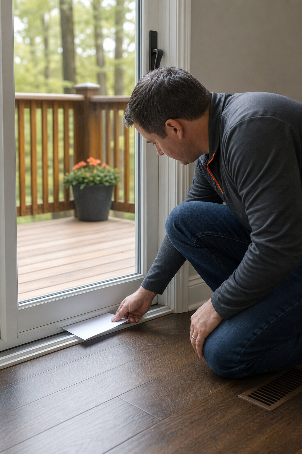 A person crouching near a closed patio door, holding a piece of paper between the door bottom and threshold to check for gaps. The paper should not slide through easily. Realistic style. Alt: Testing the seal of a new patio door sweep with a piece of paper.