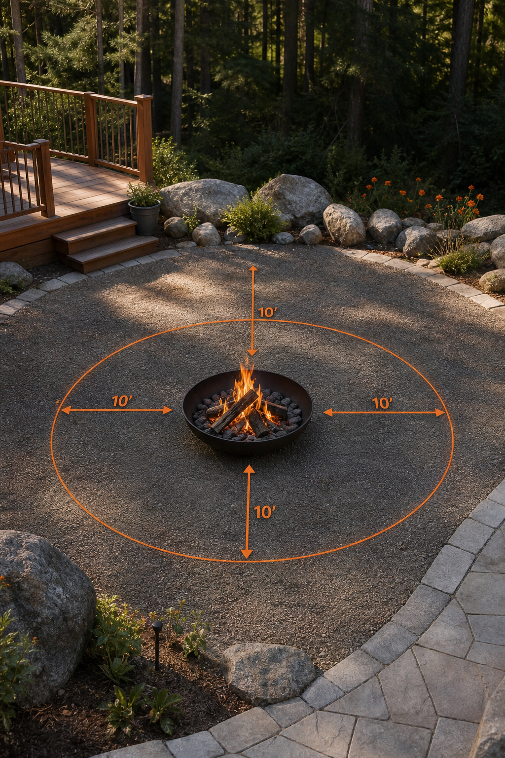 A realistic outdoor scene showing a cleared patio area with a marked safe distance zone for a fire pit, with measurement lines and surrounding vegetation, Alt: patio fire pit safe placement diagram