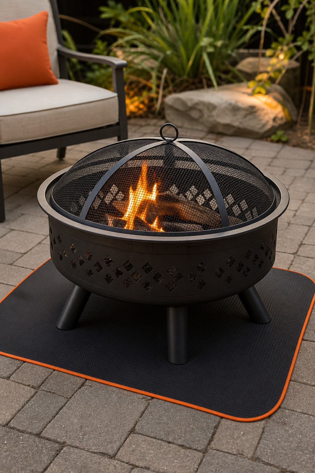 A realistic close‑up of a patio fire pit with a metal spark guard, heat‑resistant pad, and a small controlled flame, Alt: fire pit safety accessories and test burn