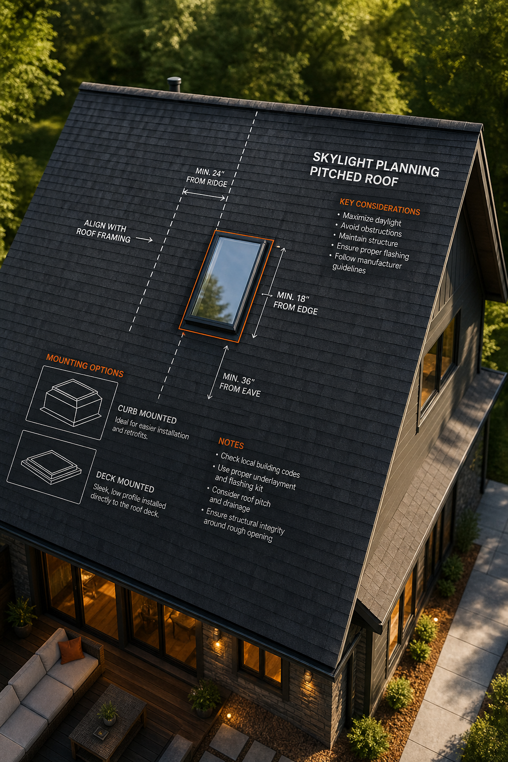 Aerial view demonstrating planning of skylight location on a pitched roof with notes for mounting type. Alt: skylight planning on pitched roof.
