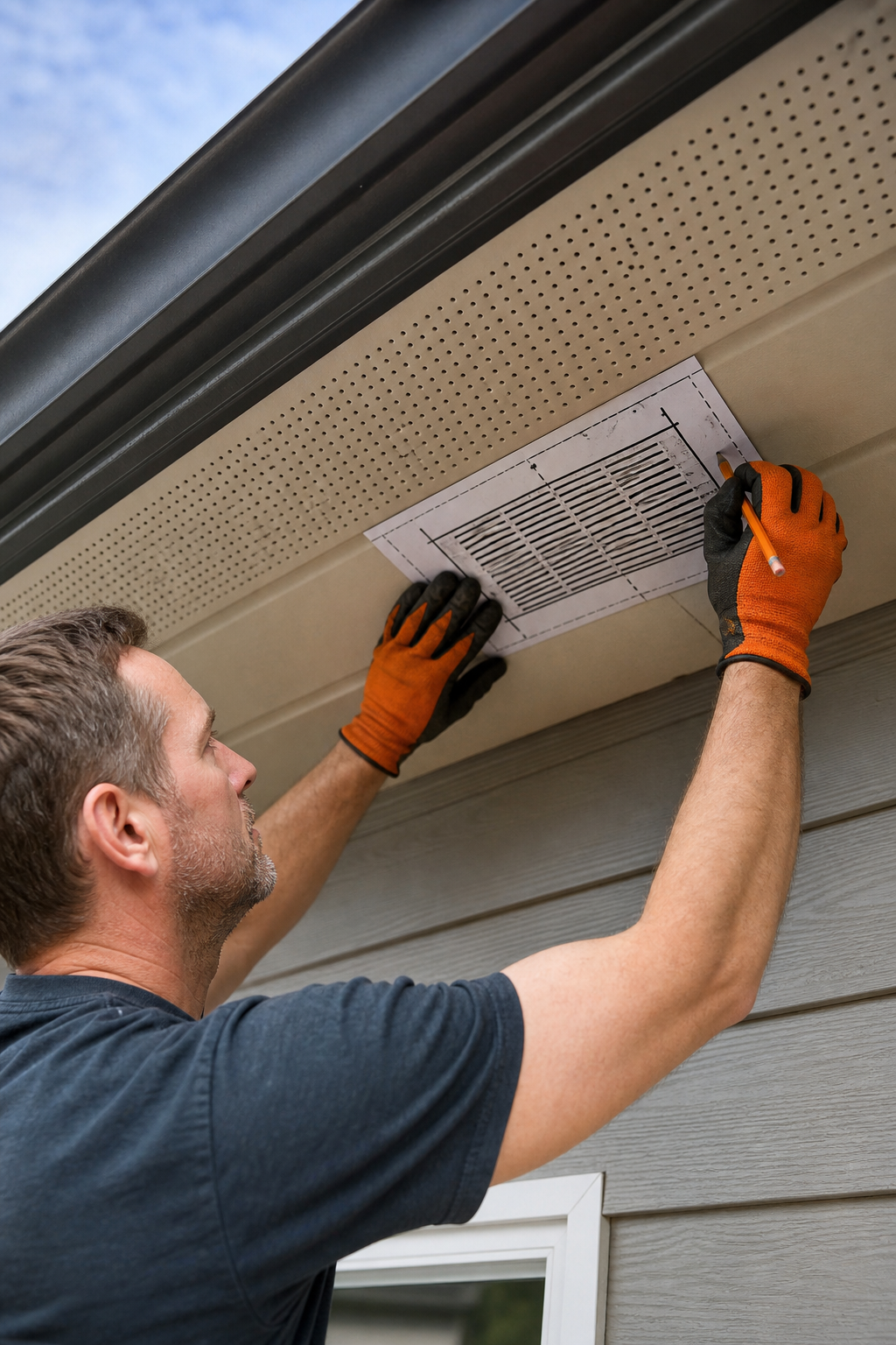 A photorealistic scene showing a homeowner measuring and marking a soffit area with a vent template and a pencil, Realism style. Alt: soffit vent layout planning.