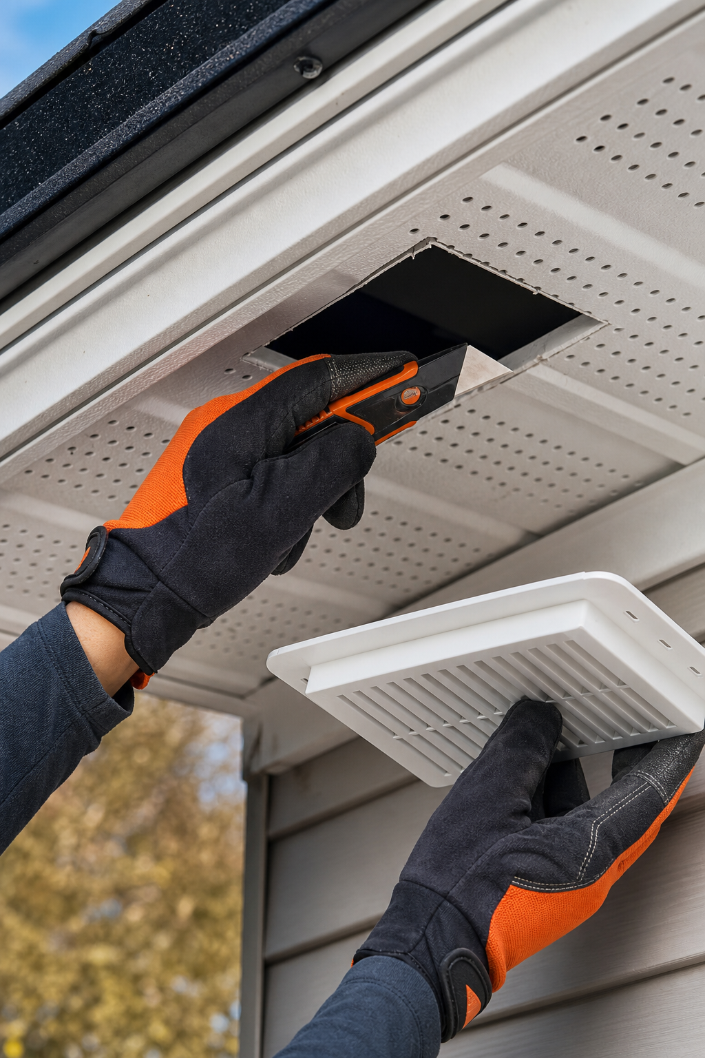 Close‑up of cutting a soffit opening with a utility knife and fitting a vent, Realism style. Alt: opening cut for soffit vent installation.