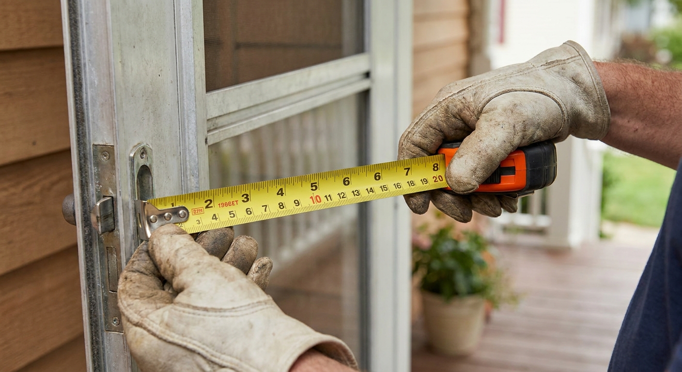 A realistic close‑up of a homeowner measuring a storm‑door frame with a tape measure, showing the measurement markings clearly. Alt: measuring storm door latch opening.