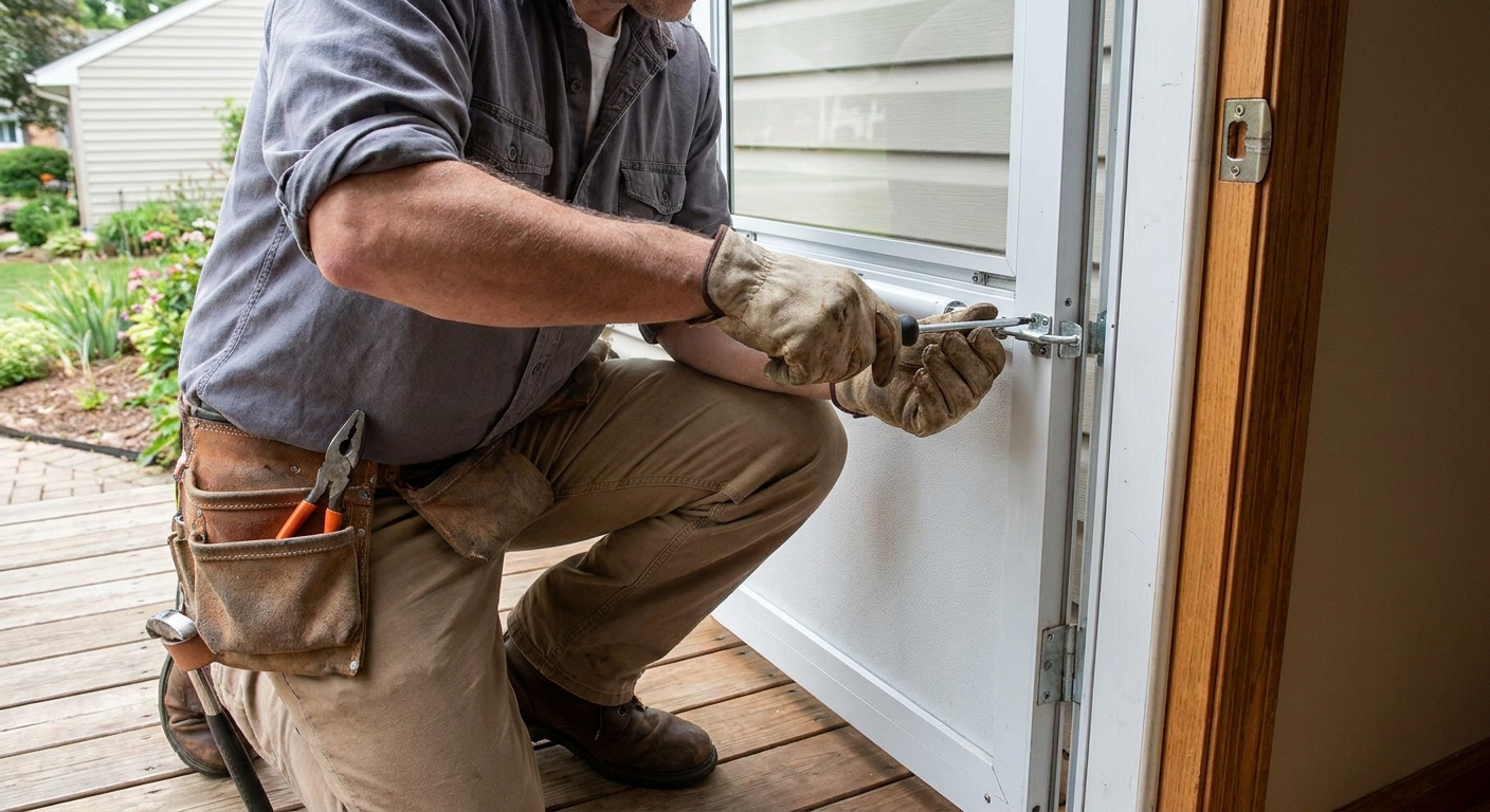 A realistic scene of a homeowner fastening a storm‑door latch with a screwdriver, the door frame and strike plate clearly visible. Alt: installing storm door latch mechanism.
