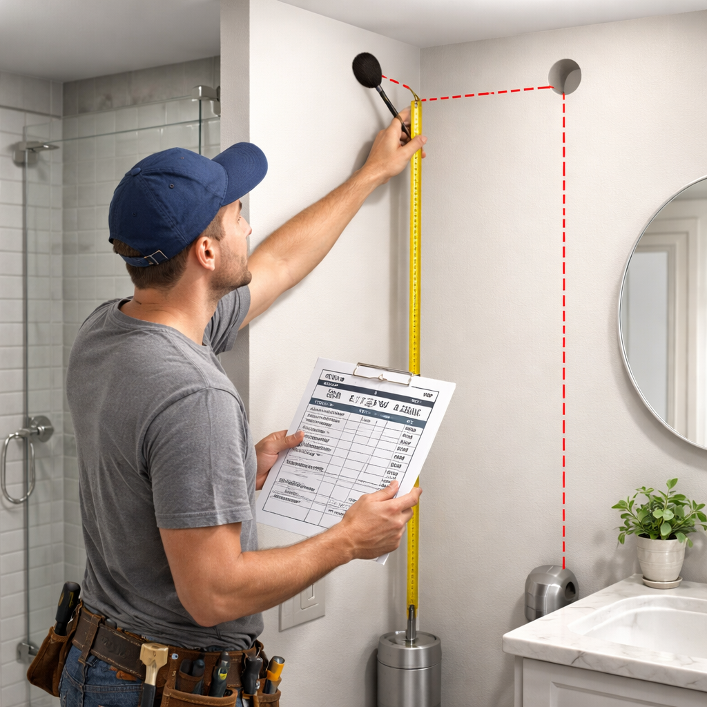 A photorealistic scene of a homeowner measuring a bathroom wall and marking a straight 15‑foot vent pipe route, holding a tape measure and a pipe size chart. Alt: Planning the location, permits, and pipe size for bathroom exhaust vent installation.