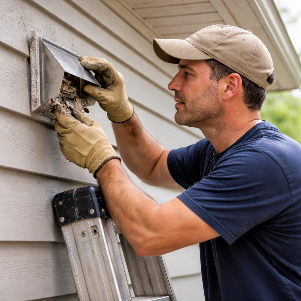 A photorealistic scene of a homeowner standing on a ladder outside, inspecting a bathroom exhaust vent cap, checking the seal and cleaning debris. Alt: Final inspection of bathroom exhaust vent pipe installation.