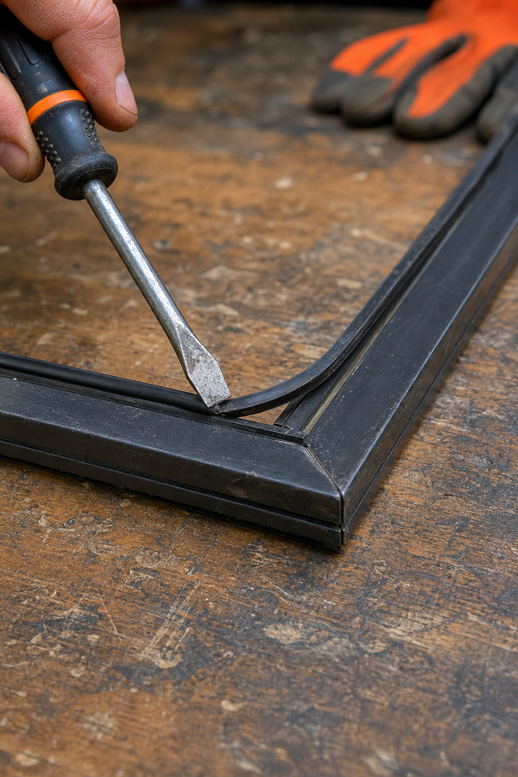 A close-up shot of a flathead screwdriver prying up the black rubber spline from a corner of a window screen frame lying on a workbench. The old mesh is already removed. Alt: Removing old spline with a flathead screwdriver during a window screen replacement.
