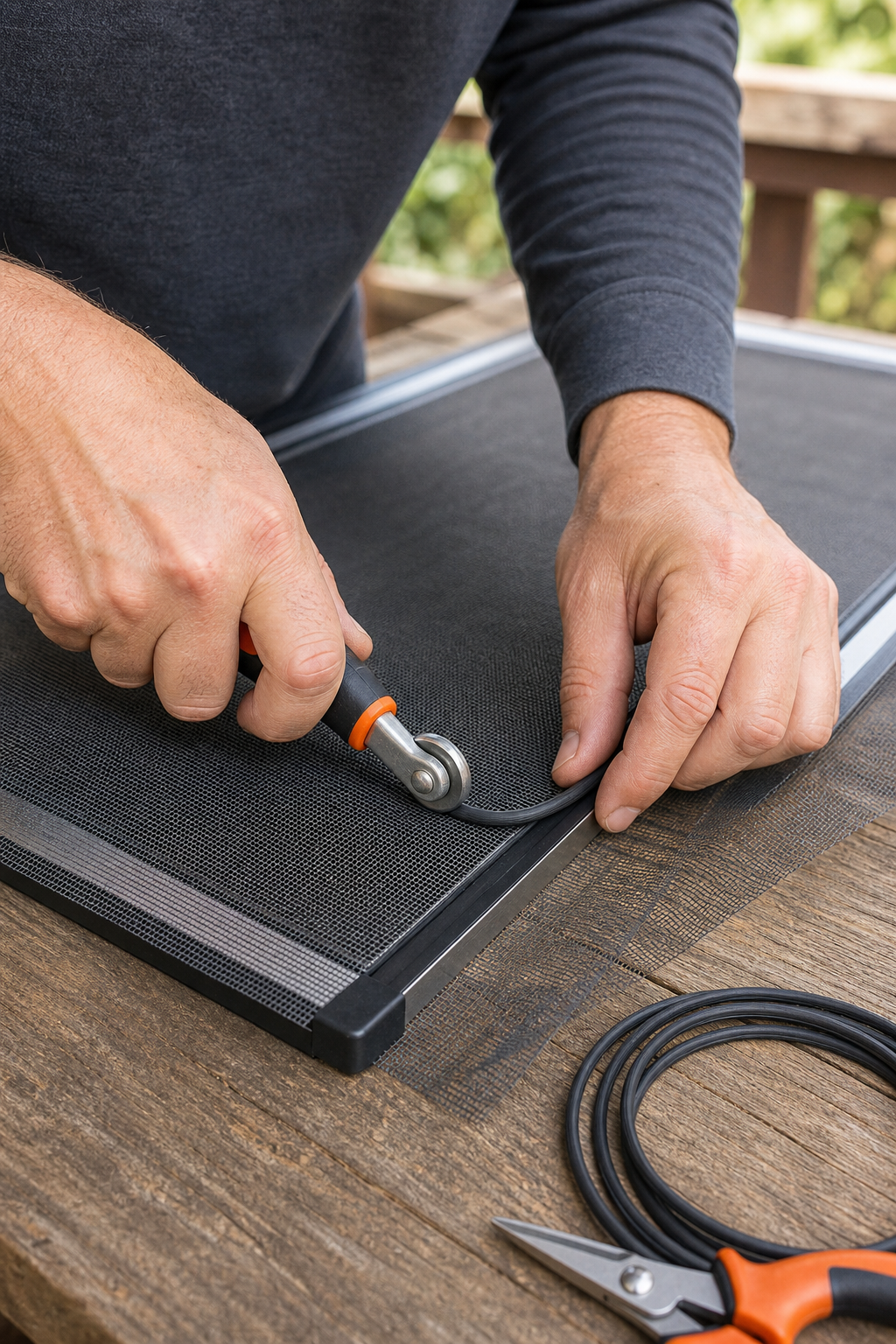 A person using a spline rolling tool to push rubber spline into the channel of a window screen frame. The new fiberglass mesh is visible with excess material around the edges. Alt: Installing spline with a rolling tool during a window screen installation.