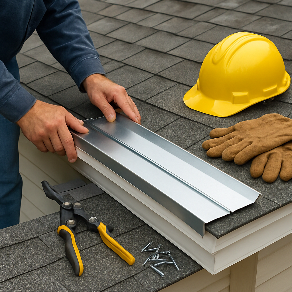 A homeowner laying out drip edge metal pieces, tin snips, roofing nails, a ladder, and safety gear on a roof eave. Alt: Gather materials and tools for drip edge installation