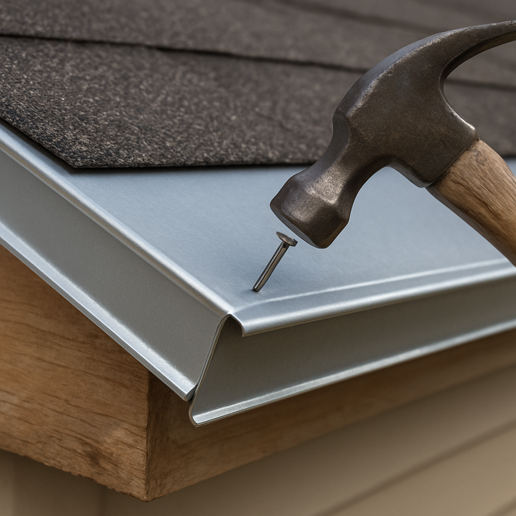 Close-up of a metal drip edge being nailed to the roof eave, showing the overhang and nail placement. Alt: Installing drip edge on roof eaves