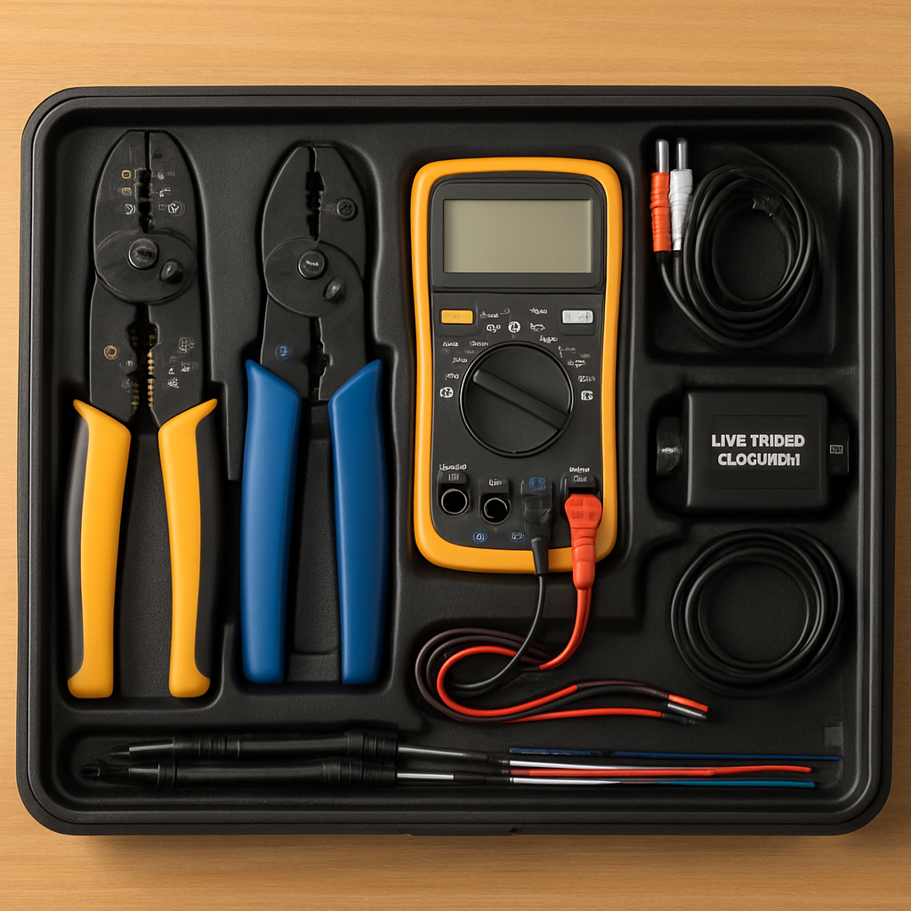 A cleanly organized toolbox with wire strippers, crimping tool, multimeter, and a line output converter kit laid out on a workbench. Alt: Tools and parts needed to install a line out converter