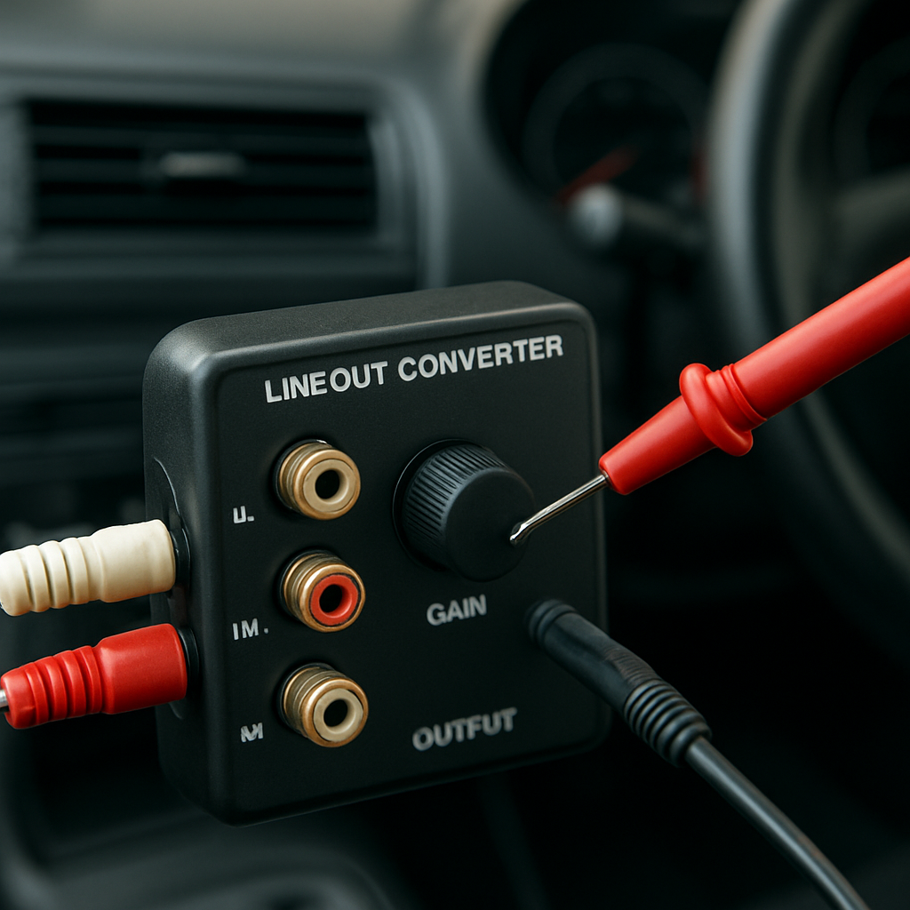 A close‑up of a line‑out converter with RCA cables and a multimeter probing the gain knob, showing a car interior background. Alt: testing and adjusting line out converter settings for optimal car audio performance.
