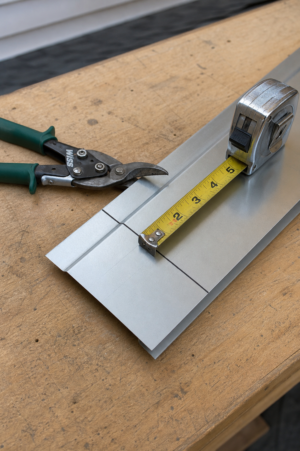 A photorealistic close-up of a metal tape measure on a piece of aluminum flashing with a marker line, tin snips nearby, on a wooden workbench. Alt: measuring and cutting metal roof flashing for gable installation