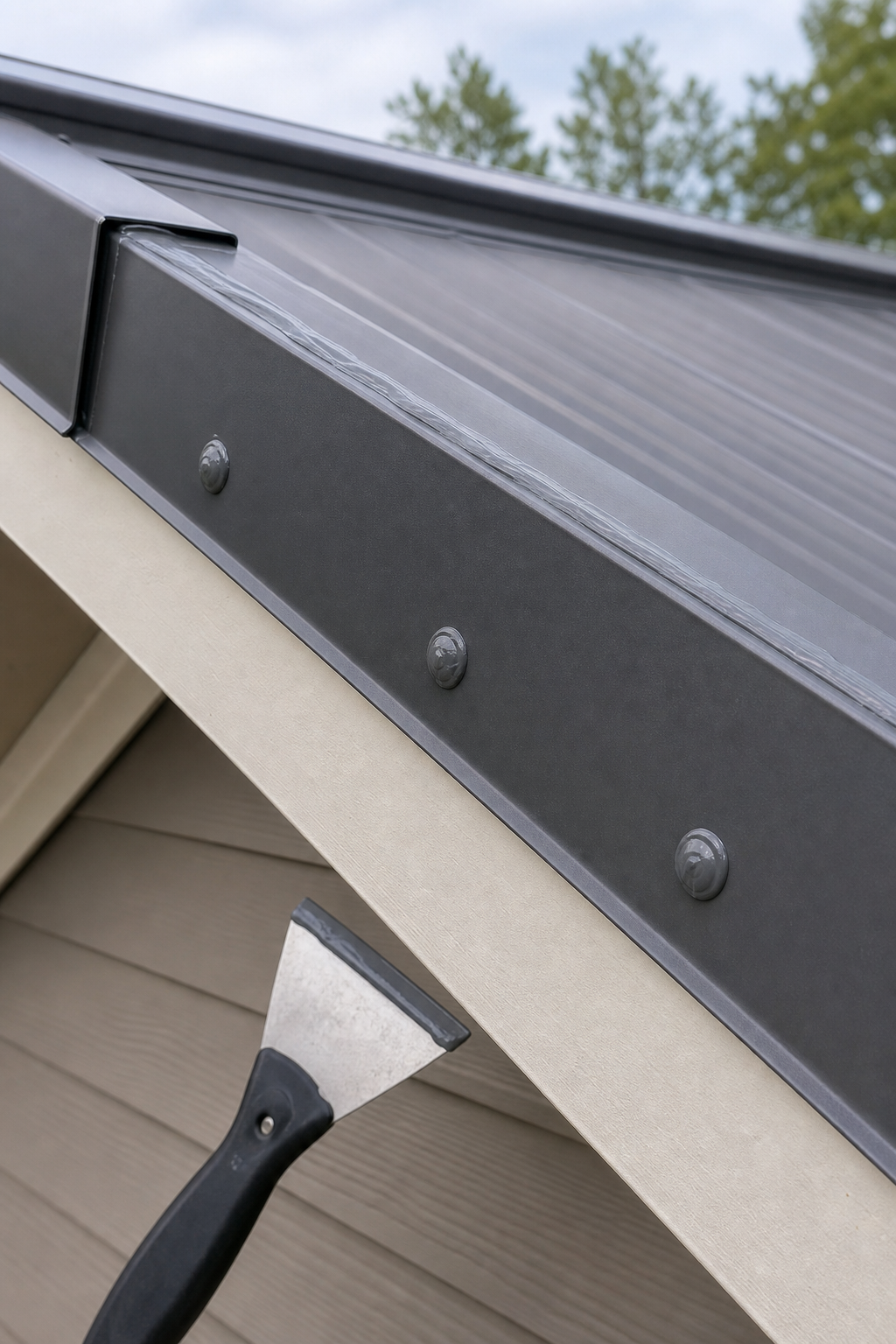 A close-up view of a finished metal roof gable flashing installation showing sealant applied along the top edge and over fastener heads, with a rake tool nearby. Alt: sealed rake edge on metal roof gable flashing