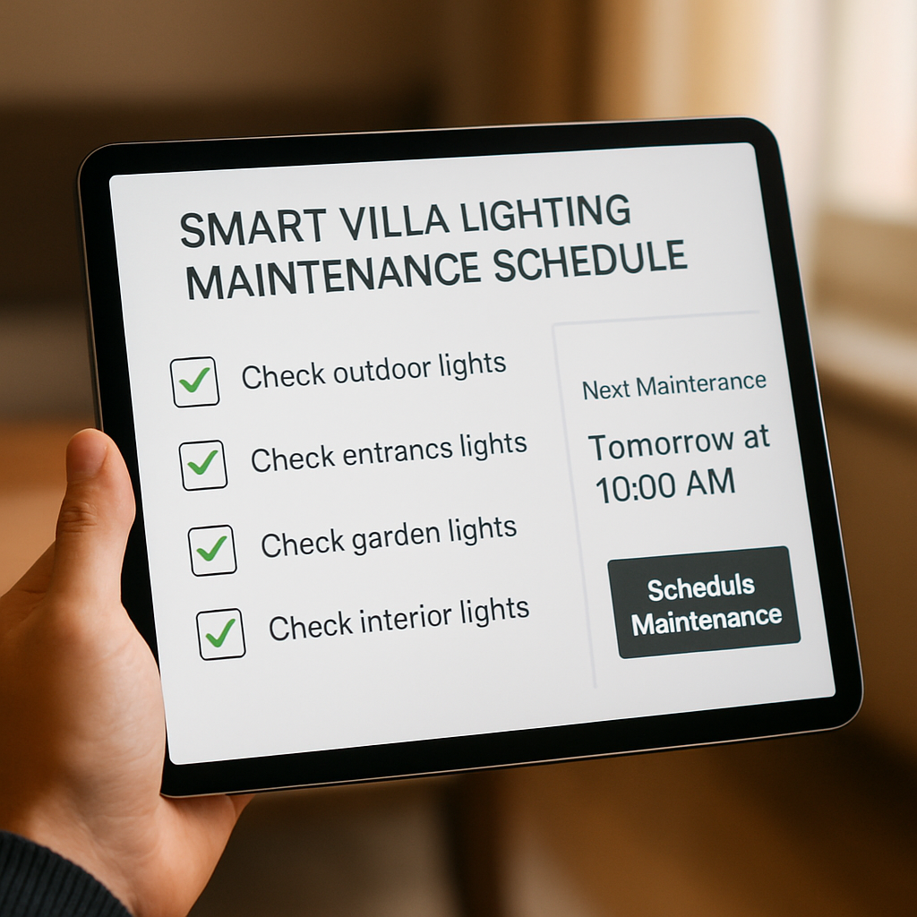 A descriptive prompt for an AI image generator, related to the surrounding text. Alt: Smart villa lighting maintenance schedule displayed on a tablet screen.