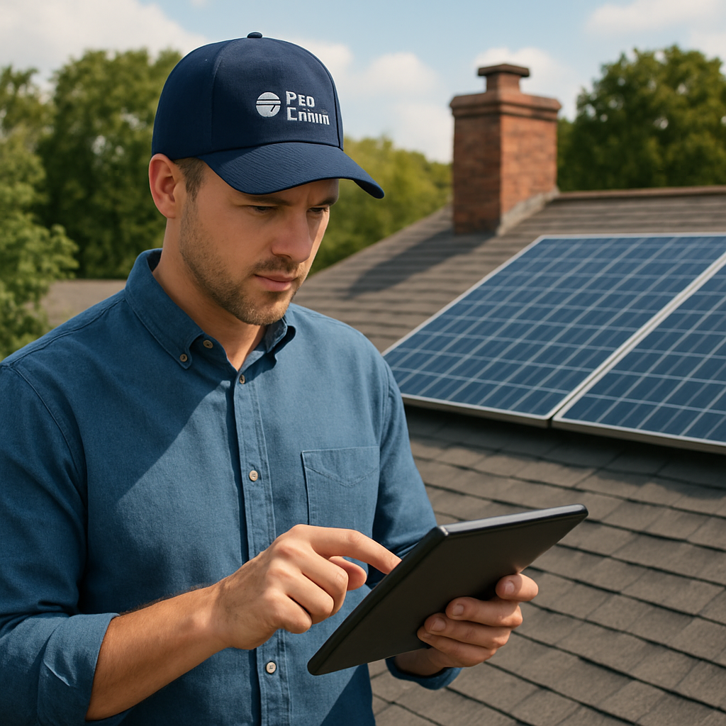 A homeowner standing on a roof with a tablet, checking sun exposure angles. Alt: homeowner assessing solar potential on roof using a tablet.