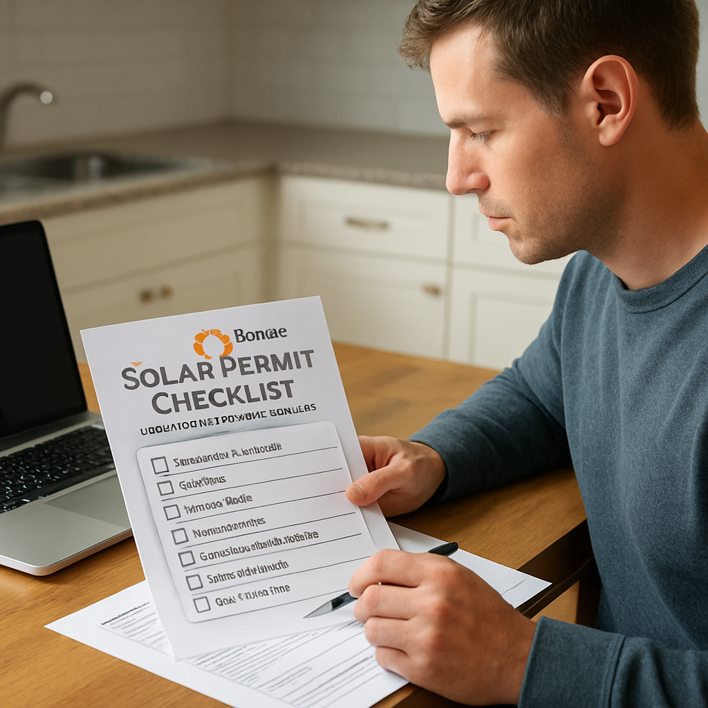 A homeowner reviewing a solar permit checklist with a laptop and paperwork on a kitchen table. Alt: Solar permit checklist for residential installation.