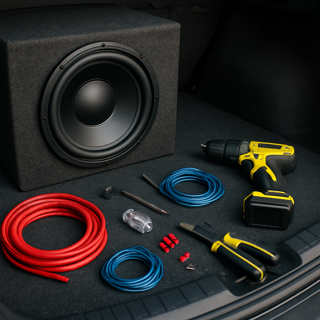 A detailed shot of a car trunk with subwoofer box, wires, and tools laid out. Alt: Tools and materials for installing a car subwoofer