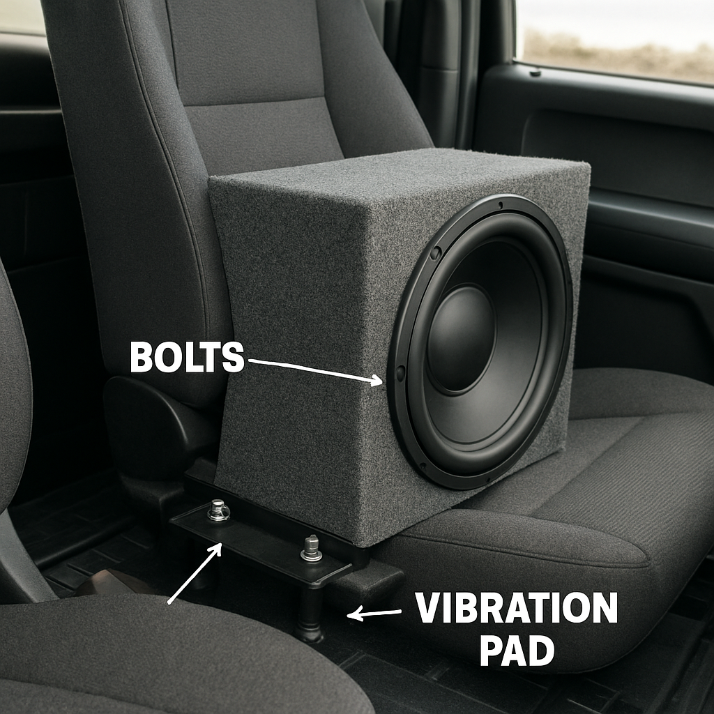 A truck interior with a subwoofer enclosure mounted behind the driver seat, showing bolts and vibration pad. Alt: truck subwoofer mounting guide