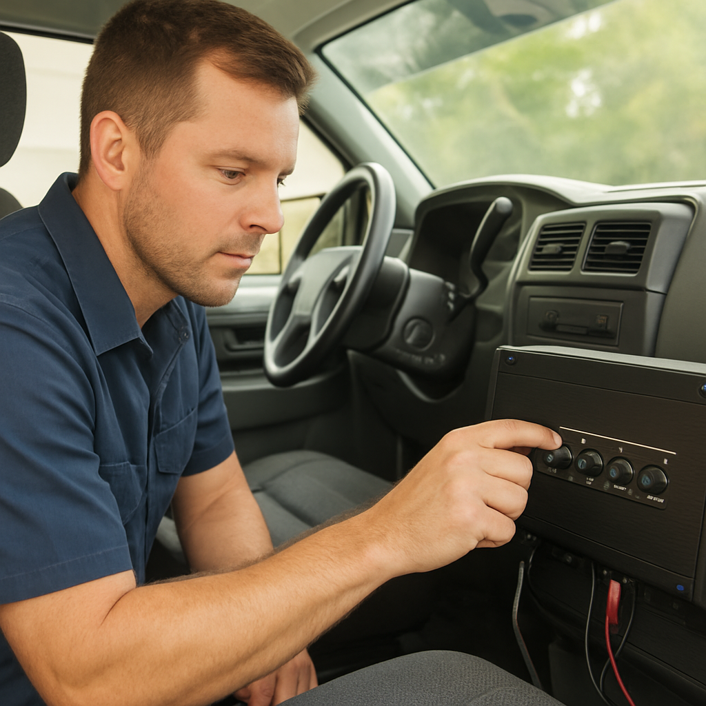 A truck interior showing a technician adjusting an amplifier’s gain knob while a subwoofer sits behind the driver’s seat. Alt: technician testing subwoofer settings in truck interior.
