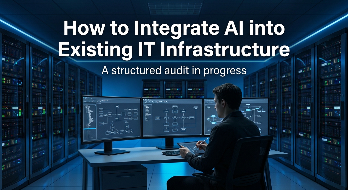 Cinematic wide shot of an IT professional reviewing infrastructure diagrams on multiple monitors in a modern server room, with blue accent lighting reflecting off the equipment and a clear visual sense of a structured audit in progress. Alt: IT professional assessing existing IT infrastructure before AI integration.