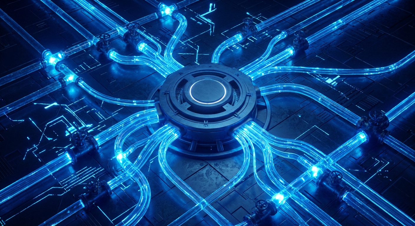 Cinematic top-down view of a network of glowing data pipelines flowing into a central hub, rendered in deep blue tones with the brand accent color #00AAFF highlighting key connection nodes, symbolizing organized data flow and governance. Alt: Visual representation of a solid data foundation with governed pipelines for AI integration.
