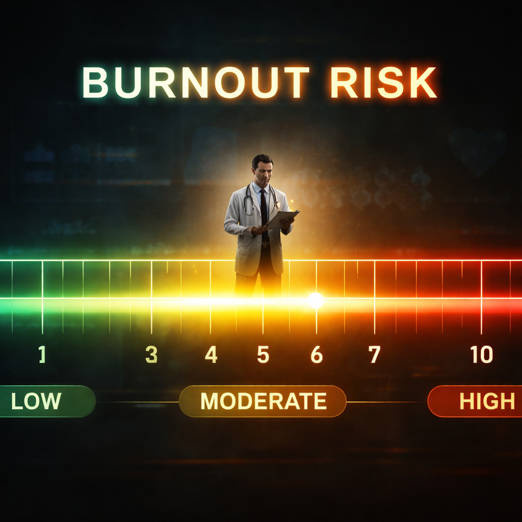 A cinematic style chart showing a gradient scale from low to high burnout risk, with a doctor icon moving along the line. Alt: burnout risk score scale visual for doctors