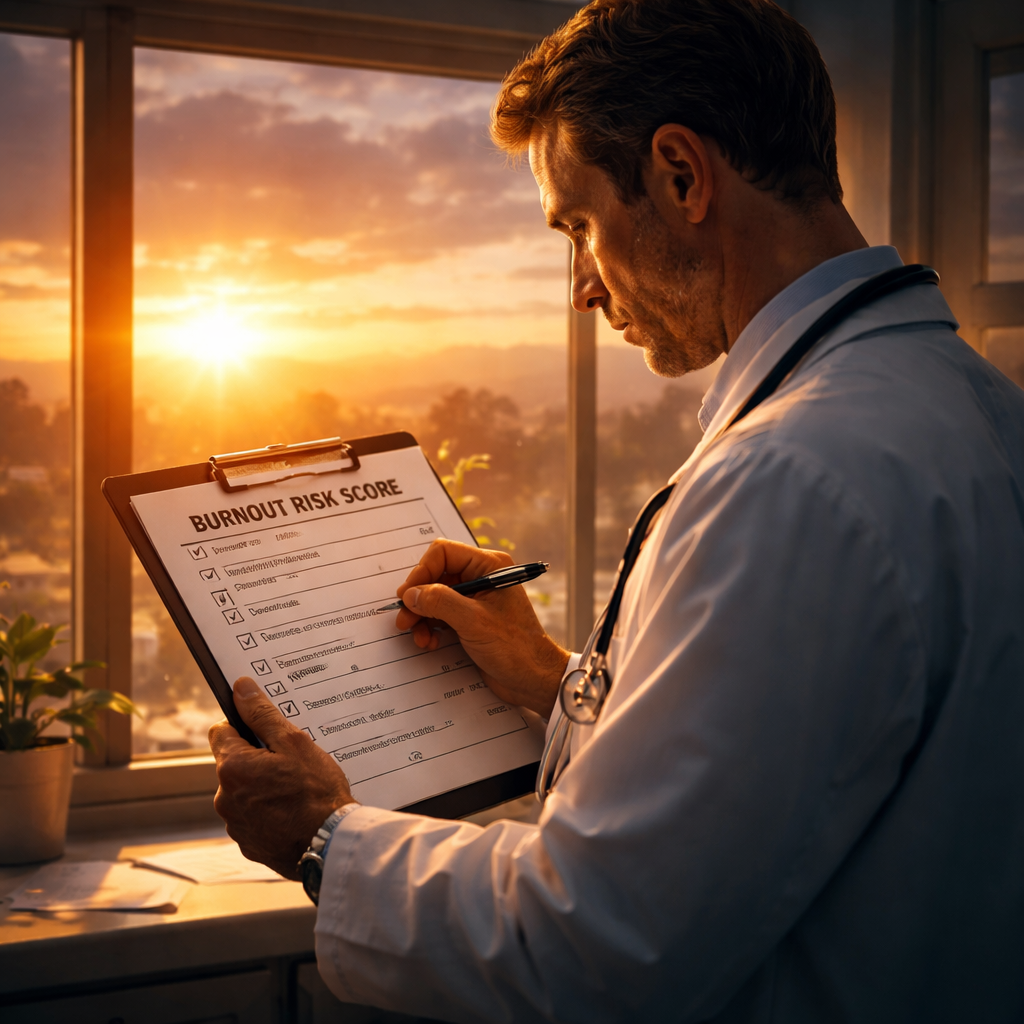 A cinematic style illustration of a doctor reviewing a score card, ticking off action items, with a sunrise in the background. Alt: doctor action plan visual for burnout risk score