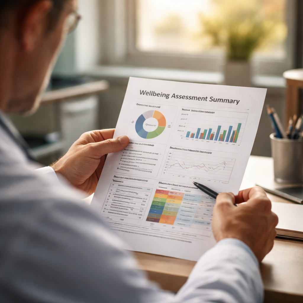 A cinematic, photorealistic scene of a clinician sitting at a desk reviewing a printed wellbeing assessment summary, soft morning light through a hospital window, focus on the paper with charts, reflecting a calm yet focused mood. Alt: Clinician interpreting wellbeing assessment results.