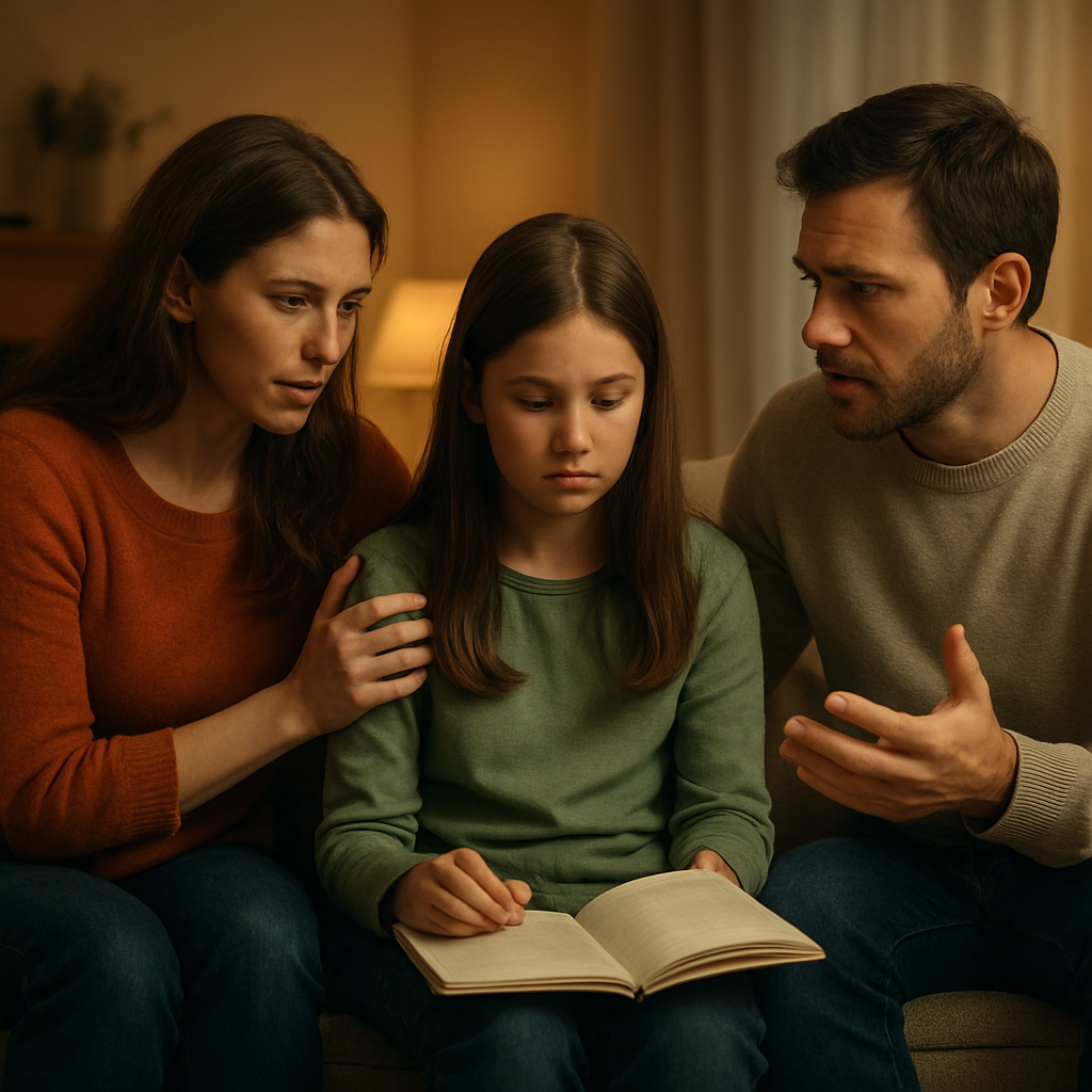 A warm living‑room scene where a family sits together with a notebook and a calm atmosphere. Alt: Recognizing the need to intervene with compassion and clarity.