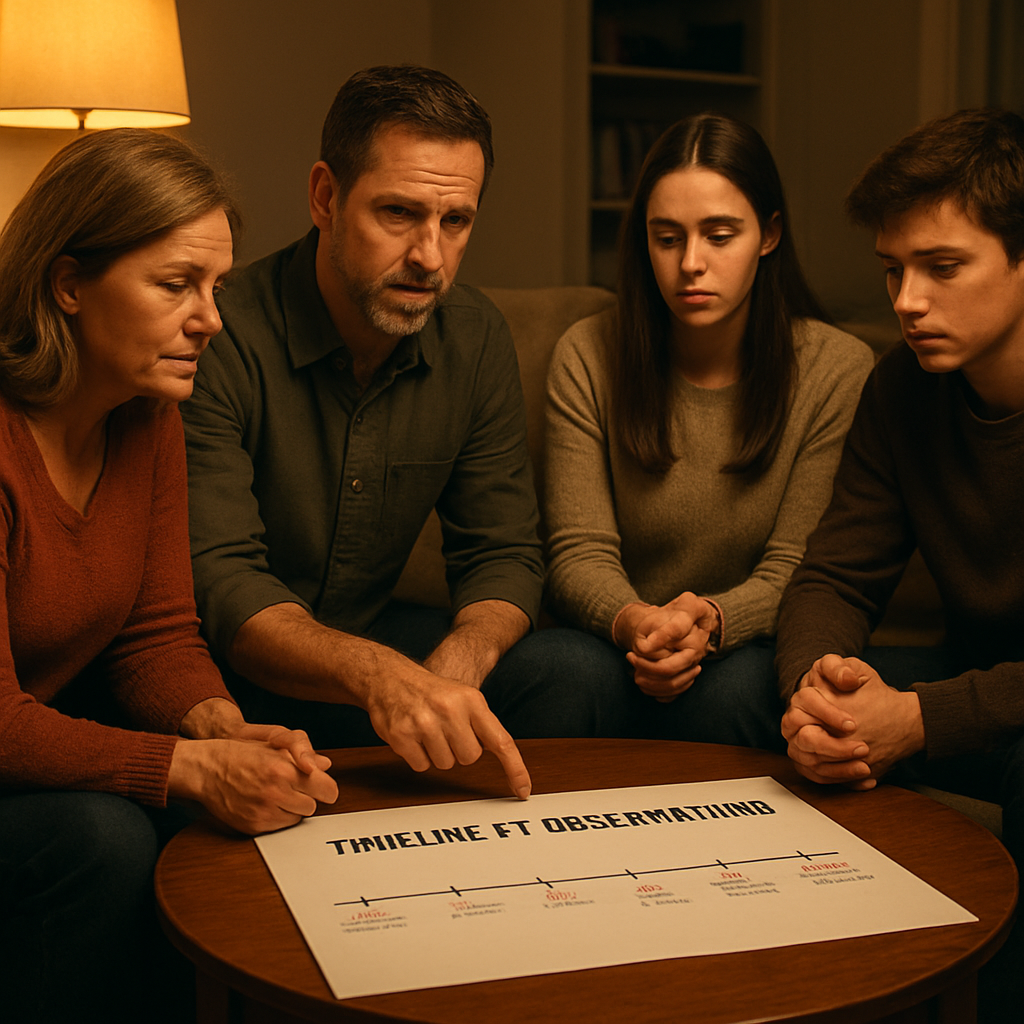 A warm living room with a small circle of family members sitting around a coffee table, a printed timeline of observations laid out, soft lighting creating a safe atmosphere. Alt: Executing a family intervention effectively with visual aids and supportive environment.