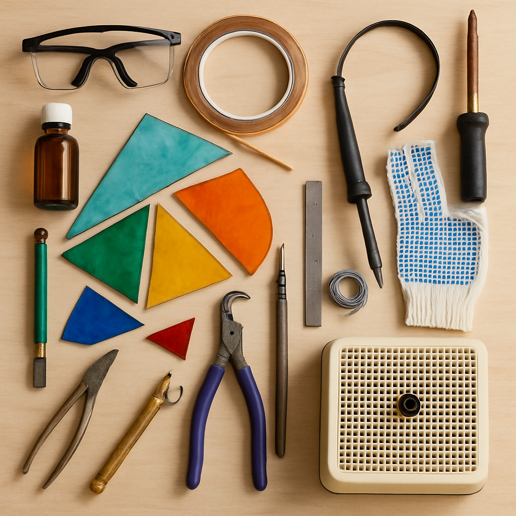 A well-organized stained glass workspace showcasing essential tools like glass cutters, copper foil, soldering iron, grinder, and protective gear. Alt: Essential stained glass art supplies laid out for a virtual stained glass art workshop for beginners.