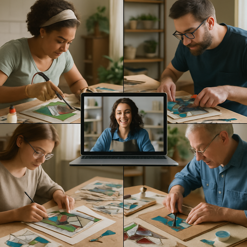 A diverse group of participants actively engaging in a virtual stained glass art workshop, each working on their individual stained glass pieces at home. Alt: Participants enthusiastically involved in a virtual stained glass art workshop for beginners, demonstrating active learning and skill-building.