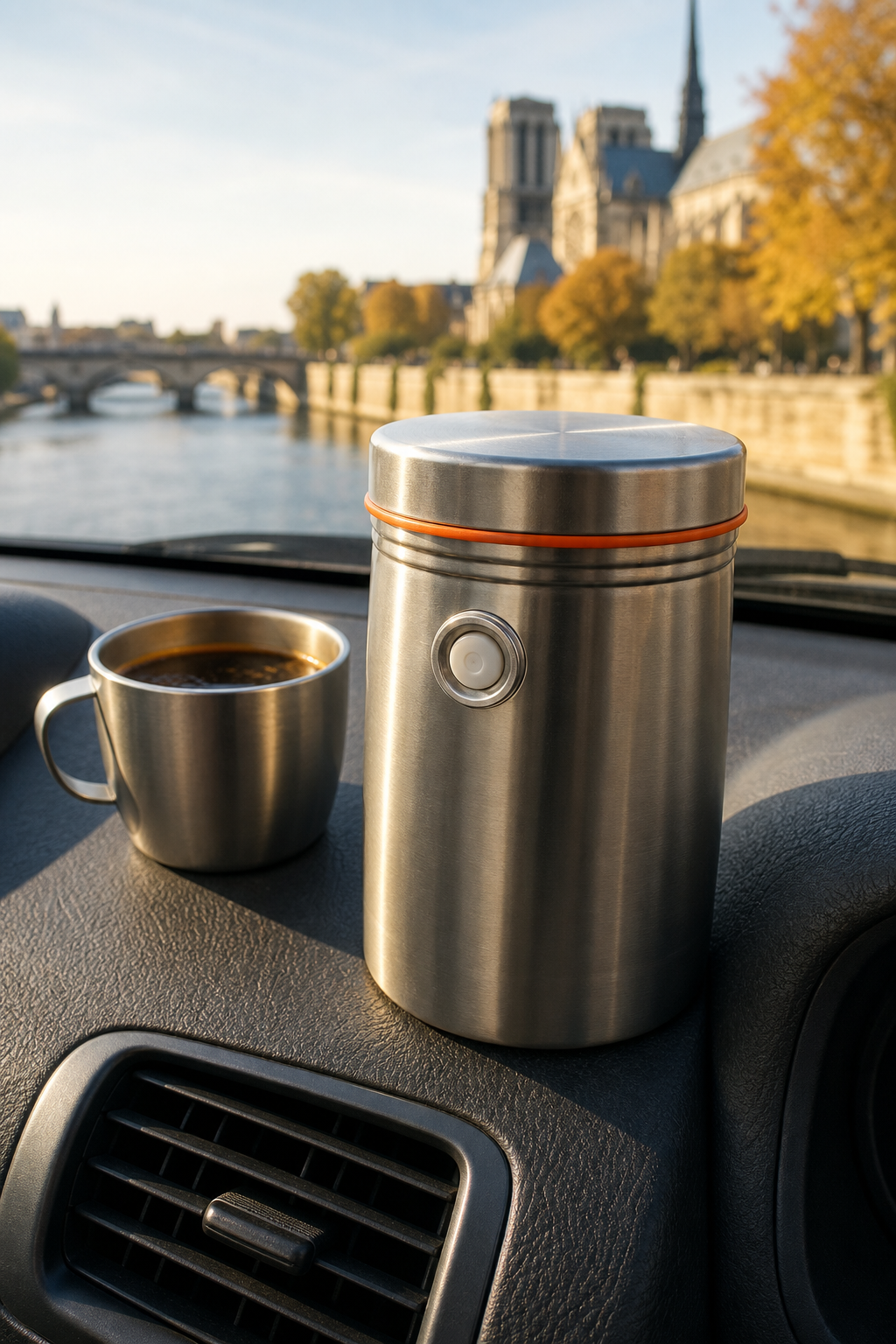 A realistic close-up of a stainless steel airtight coffee canister with a one-way valve, sitting on a car dashboard next to a cup of coffee, with sunlight streaming through the windshield. Alt: Stainless steel airtight coffee canister on a car dashboard