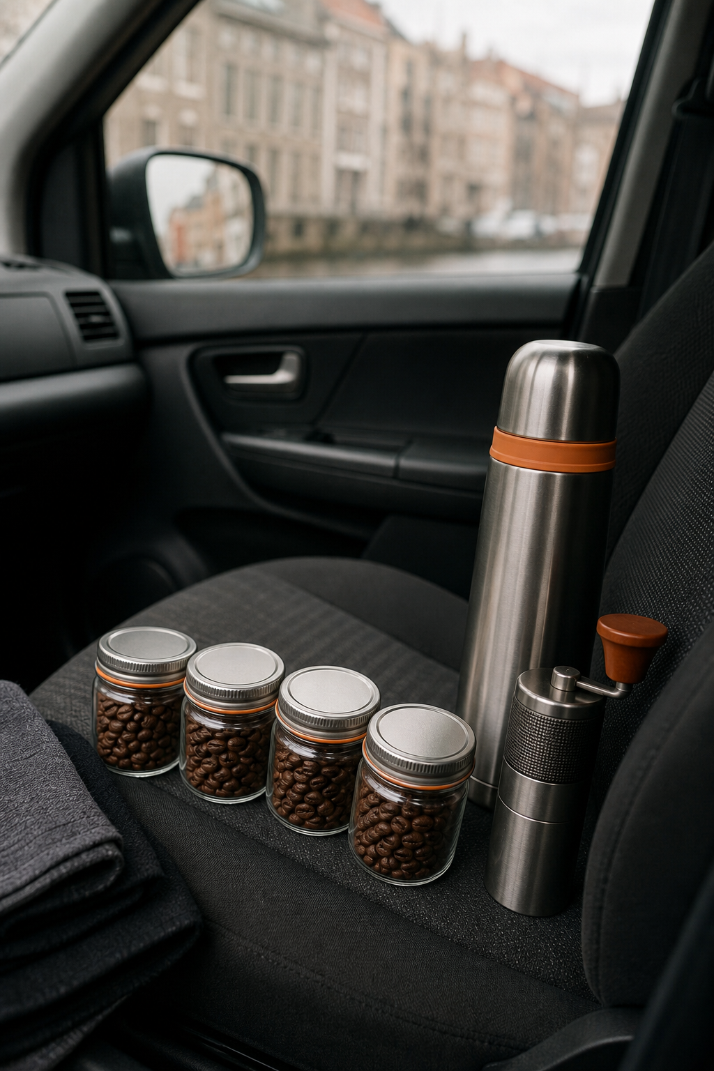 A realistic image of small glass jars with pre-portioned coffee beans lined up on a car seat, with a thermos and a small grinder nearby. Alt: Pre-portioned coffee beans in small jars on a car seat