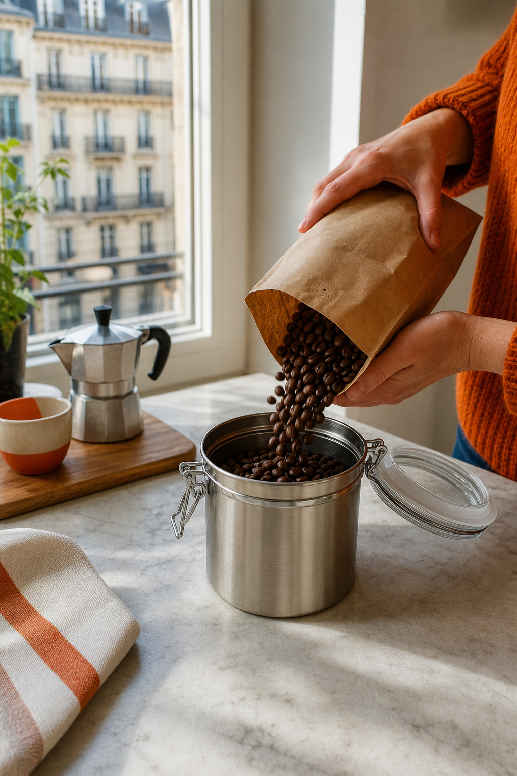 A photorealistic scene of a small batch of fresh roasted coffee beans being poured from a craft paper bag into an airtight stainless canister on a bright kitchen counter, with a roast date label visible on the bag. Alt: small batch fresh roasted coffee beans being transferred to an airtight canister for freshness.