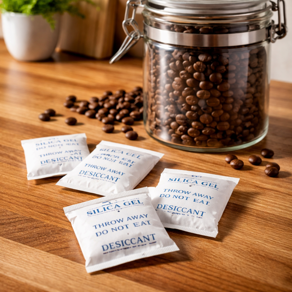 A realistic close‑up of silica gel packets beside a stainless steel coffee jar on a wooden countertop. Alt: moisture‑absorbing packs for coffee storage in humid kitchens