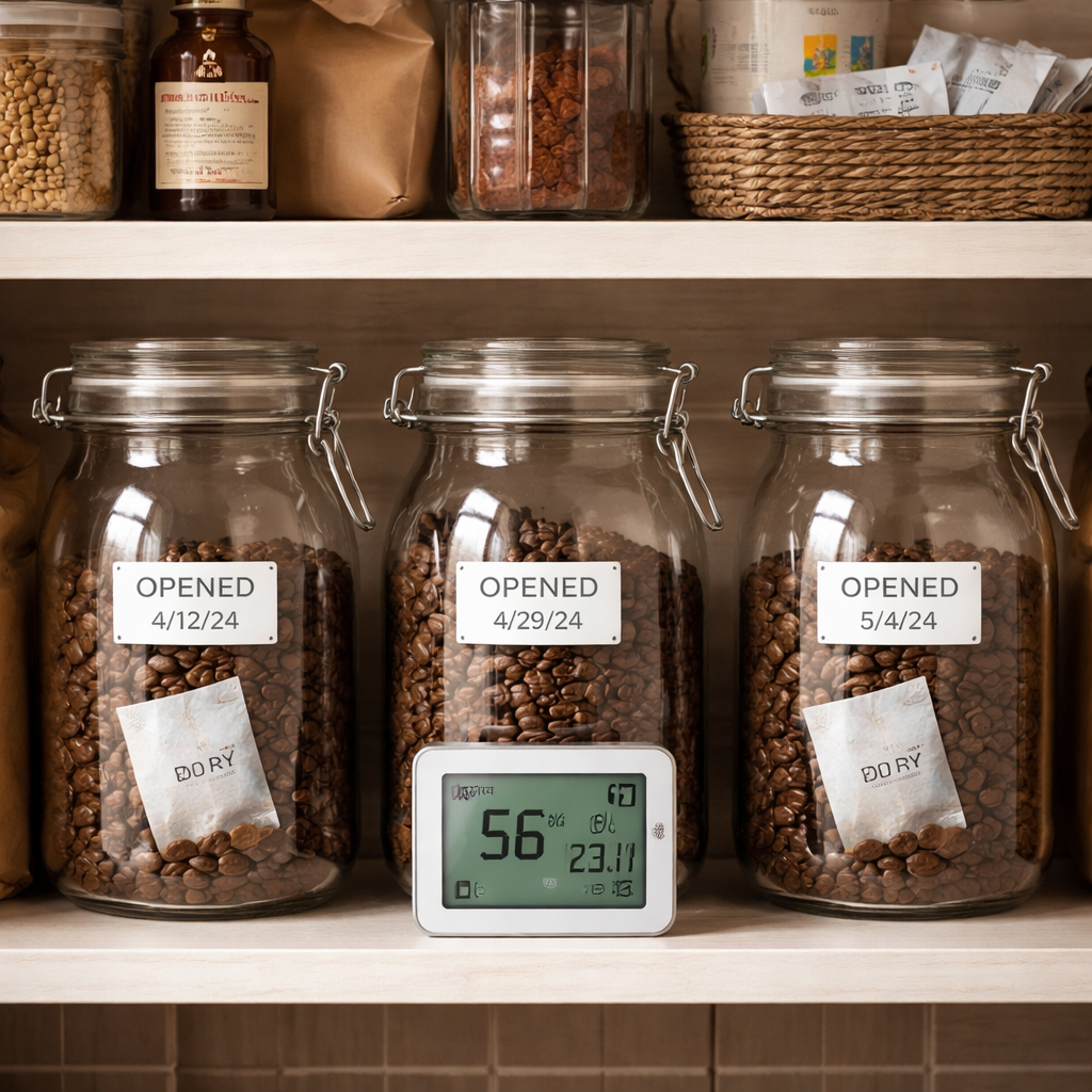 A realistic kitchen pantry scene showing coffee jars with moisture‑absorbing packs, a digital hygrometer on the shelf, and labeled dates on the jars. Alt: monitoring humidity and rotating coffee stock in a home kitchen