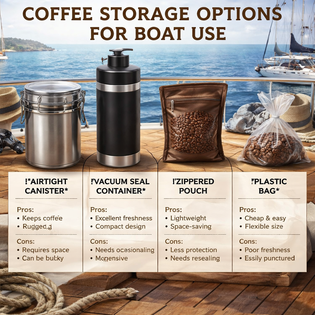 A realistic illustration of a comparison chart showing different coffee storage containers on a boat deck, each labeled with pros and cons, alt: coffee storage options for boat use