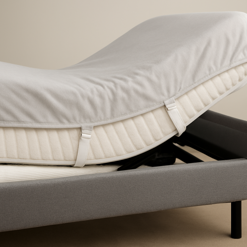 An adjustable bed with a deep‑pocket fitted sheet, sheet fasteners around each corner, and a ribbed mattress protector in between. The setup is shown from a side angle, highlighting the layers and how they stay together. Alt: Adjustable bed sheet setup with fasteners and protector